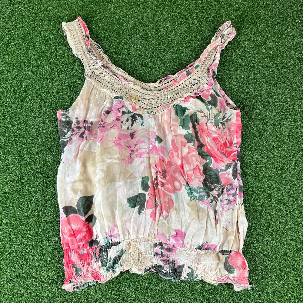 Vintage Passport Floral Crochet Ruched Hem Boho Tank Top Sz M